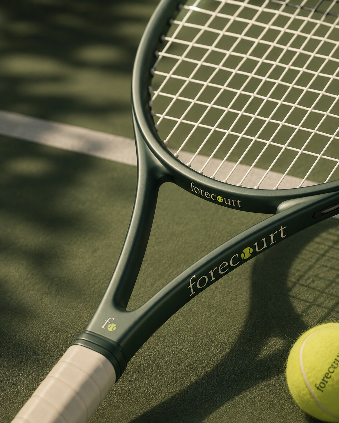 A dark green forecourt racket resting on a court beside a tennis ball