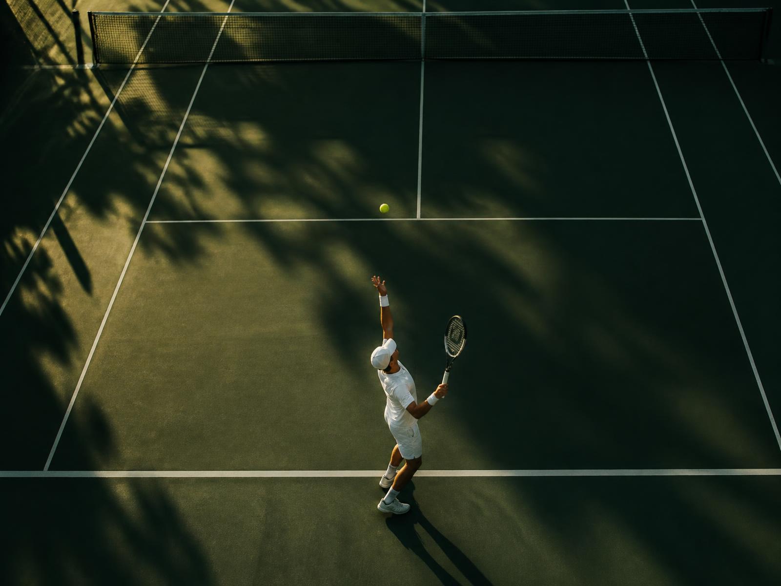 A male tennis player serving on a green court
